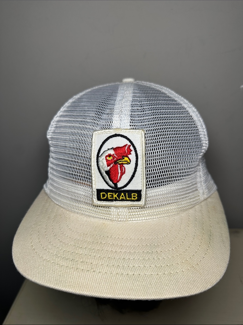 DeKalb vintage chicken White Mesh Trucker Cap with Cream Brim